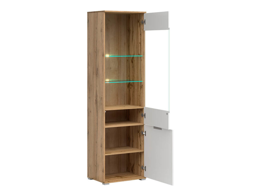 Tall Glass Display Cabinet Narrow Slim Glazed Unit with LED Lights Modern White Gloss and Oak - Zele