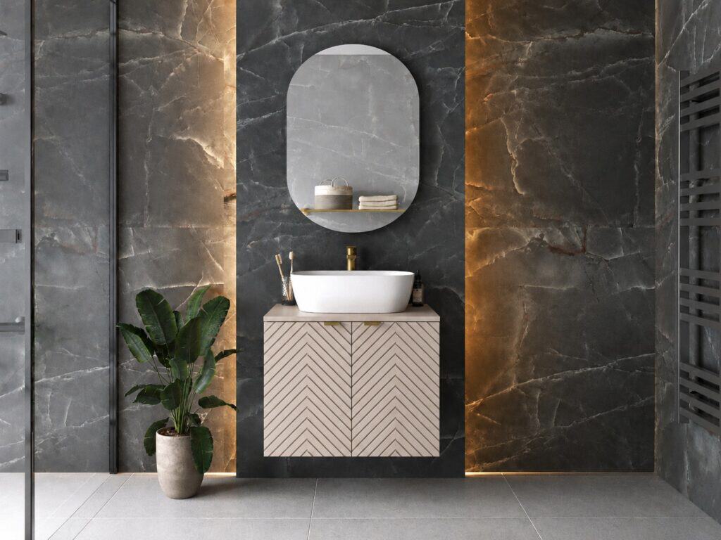 Bathroom Vanity Unit with Basin 600mm Countertop Fluted Cashmere Beige Floating Cabinet - Cara