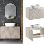 wall hung vanity unit with worktop and sink 800mm beige bathroom cabinet with sink fluted ribbed