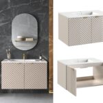 wall hung bathroom vanity unit 800mm cashmere beige under sink storage cabinet fluted ribbed with sink