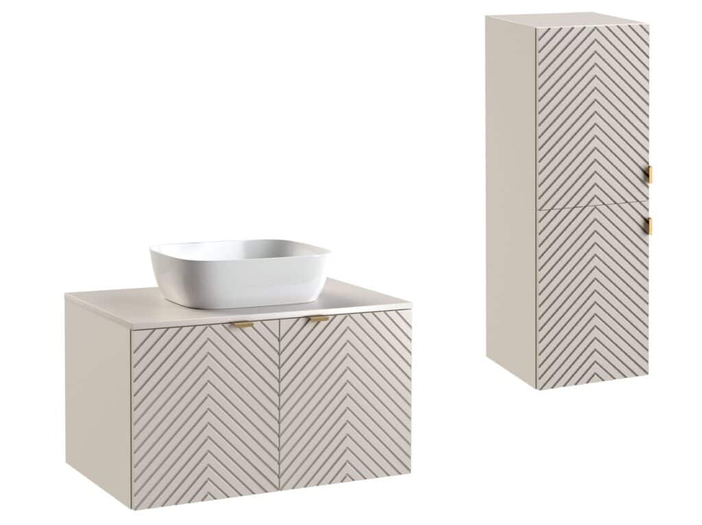 Bathroom Furniture Set 800mm Vanity Unit Countertop Sink Tall Cabinet Wall Hung Fluted Cashmere Beige - Cara