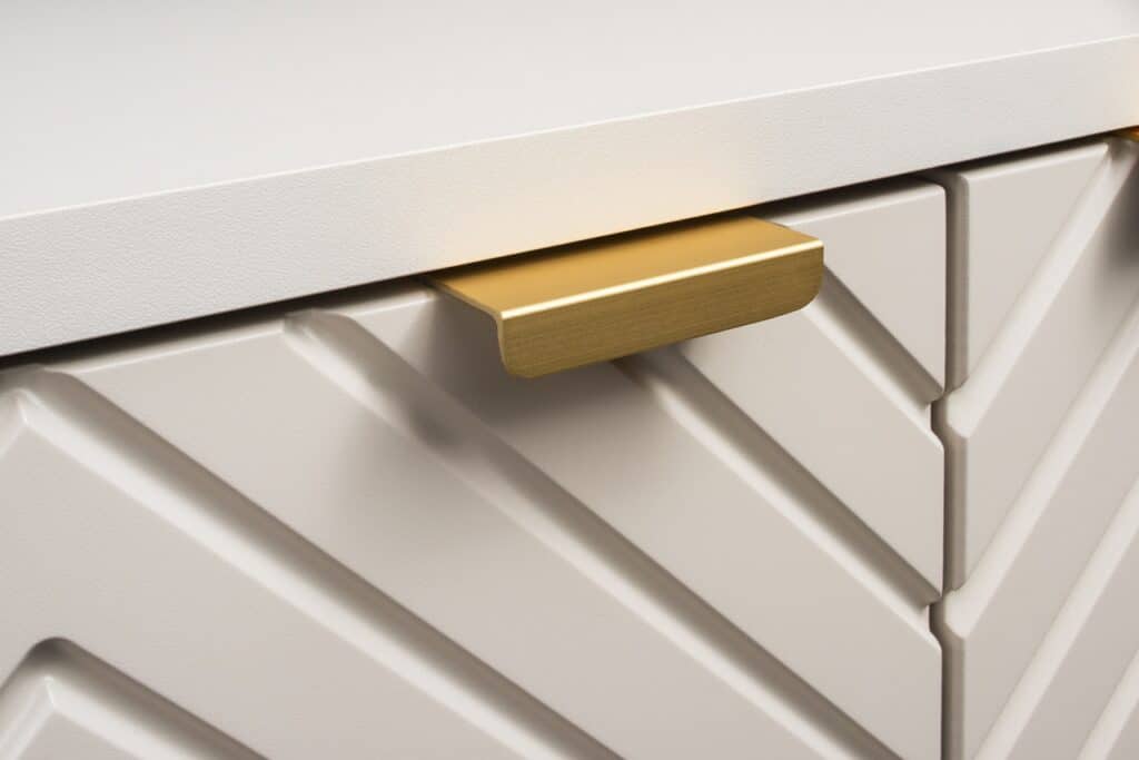 600mm Vanity Unit with Basin Wall Hung Fluted Beige Bathroom Cabinet White Worktop Gold Handles  - Cara