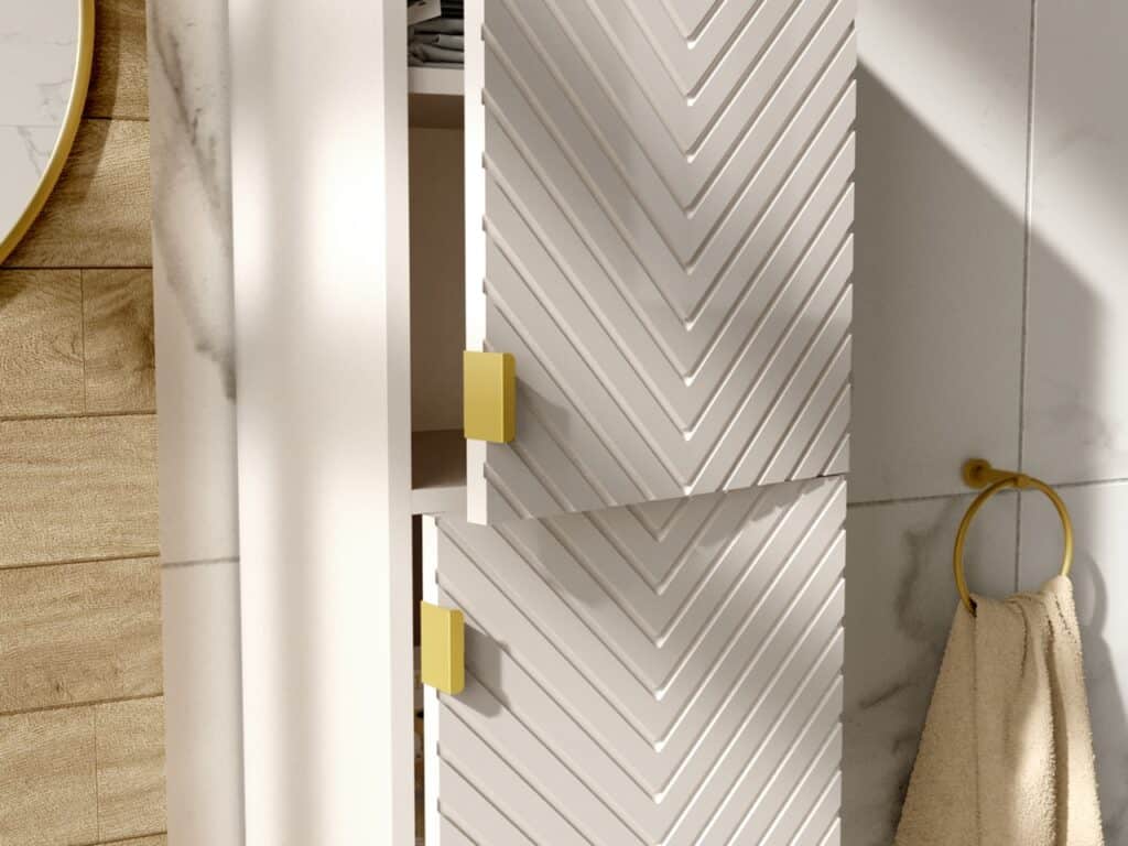 Bathroom Wall Cabinet Tall Slim Floating Storage Unit Ribbed Fluted Cashmere Beige Doors – Cara