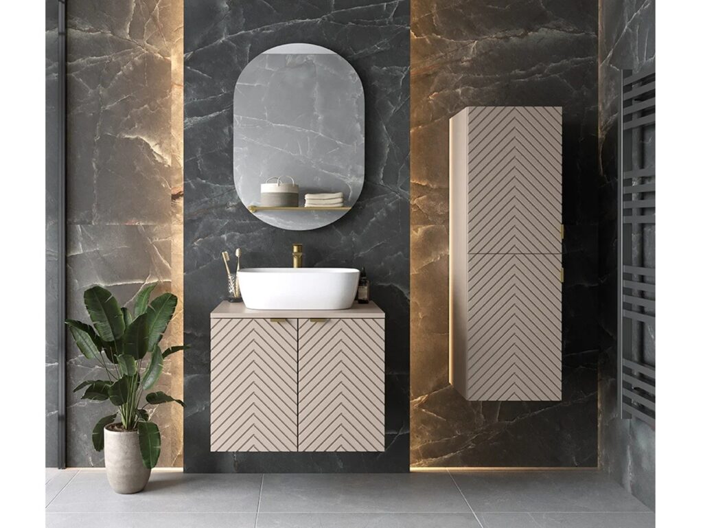 Bathroom Vanity Unit 2 Door Wall Cabinet 600mm Floating Ribbed Fluted Furniture Cashmere Beige - Cara
