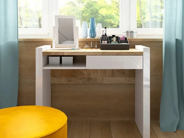 Compact Small Desk 100cm Dressing Table Storage Drawer Open Shelf White Gloss Scandi Oak Bedroom Office - Alameda
