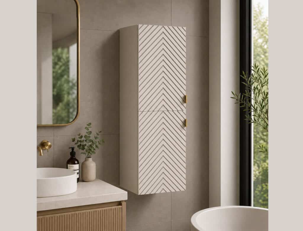 Bathroom Wall Cabinet Tall Slim Floating Storage Unit Ribbed Fluted Cashmere Beige Doors – Cara
