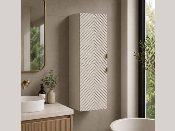 tall bathroom cabinet wall hung storage unit cashmere beige fluted ribbed with brushed gold handles