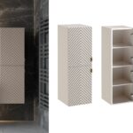tall bathroom cabinet wall hung storage unit cara beige fluted ribbed with brushed gold handles