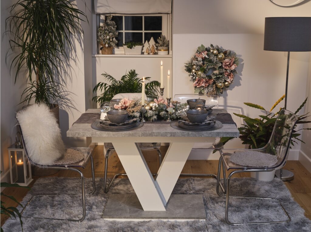 Christmas Dining Table Extending Grey White Festive Kitchen Dinner Table 6 8 Seater Pedestal V leg - Masy