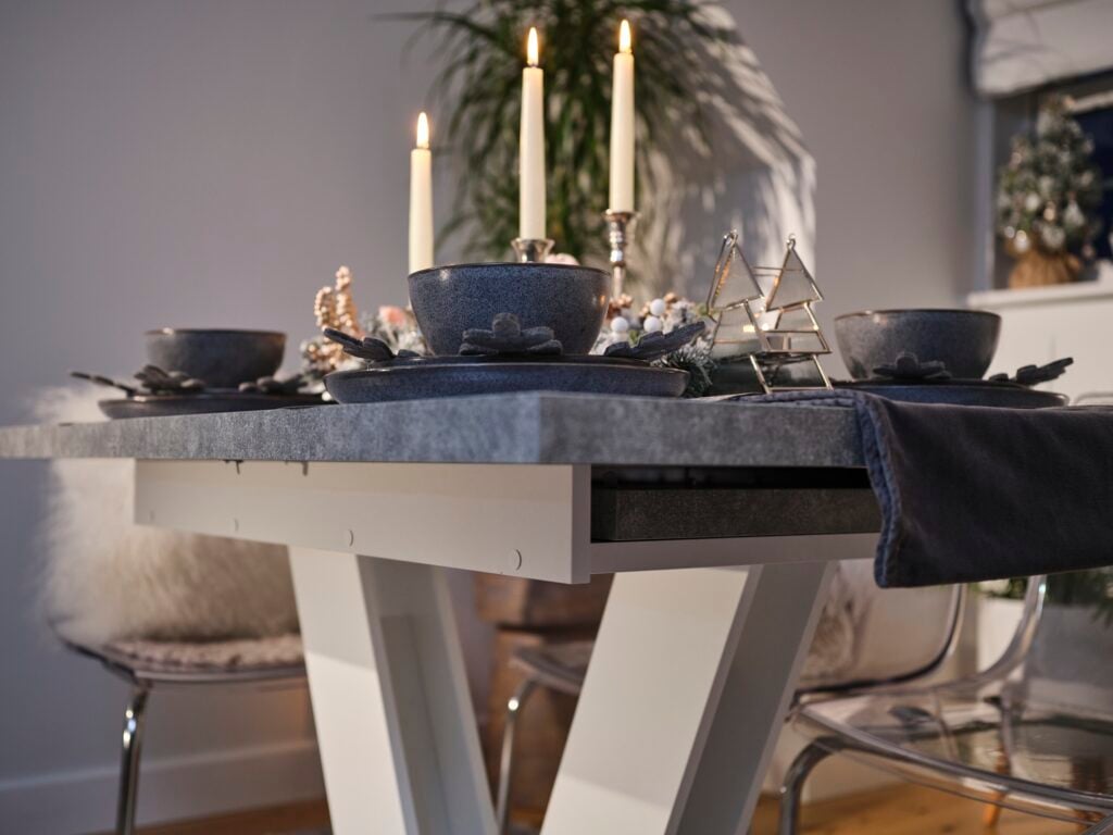 Christmas Dining Table Extending Grey White Festive Kitchen Dinner Table 6 8 Seater Pedestal V leg - Masy