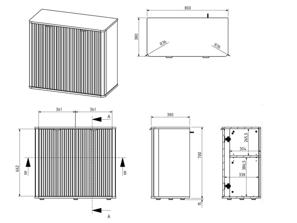 Black Sideboard Cabinet Small Buffet Compact Slimline Storage Unit Ribbed Soft Close Doors - Nuvo