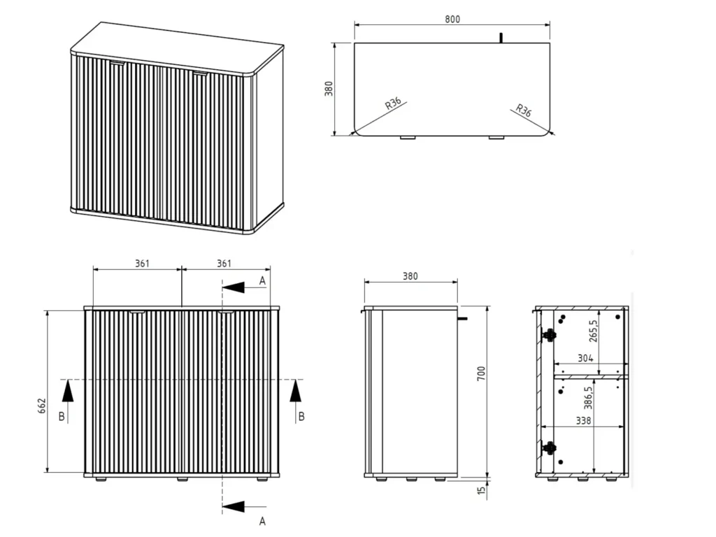 Black Sideboard Cabinet Small Buffet Compact Slimline Storage Unit Ribbed Soft Close Doors - Nuvo