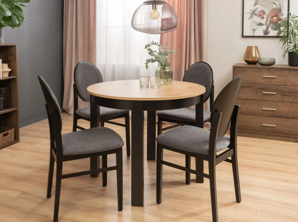 Round Extendable Dining Table Oval Oak Effect Top Black Legs 4 6 8 10 12 Seater Extends 105cm to 240cm – Indus