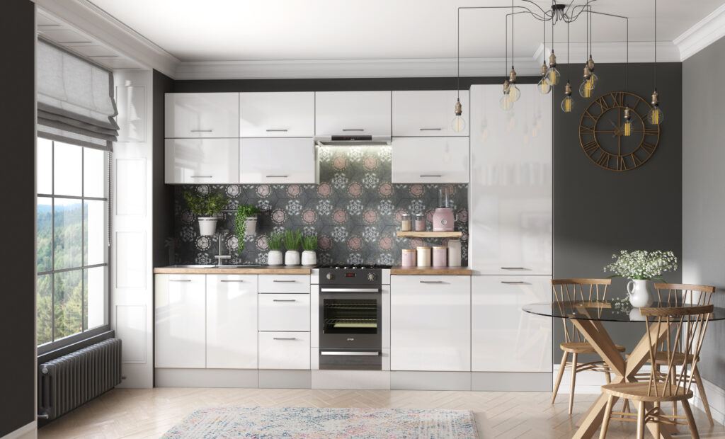 Kitchen Cabinets Set 7 Units Tall Oven Housing 240cm Soft Close White High Gloss - Ella