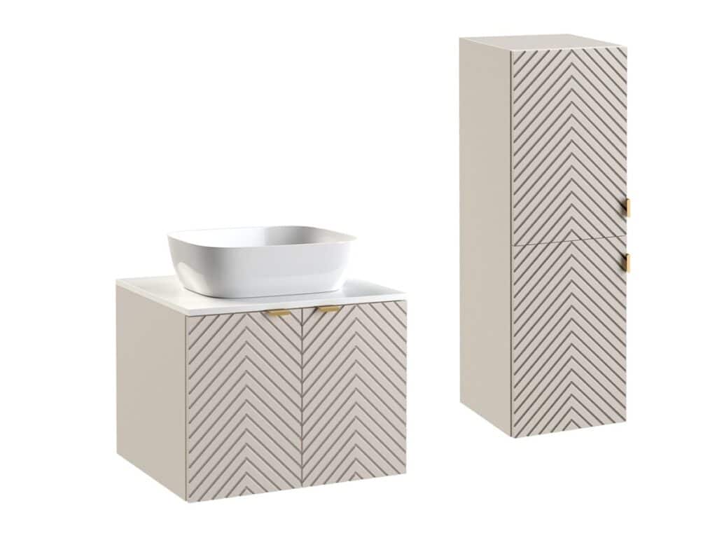 Bathroom Furniture Set Fluted Beige 600mm Vanity Unit with Basin Tall Storage Cabinet White Worktop - Cara