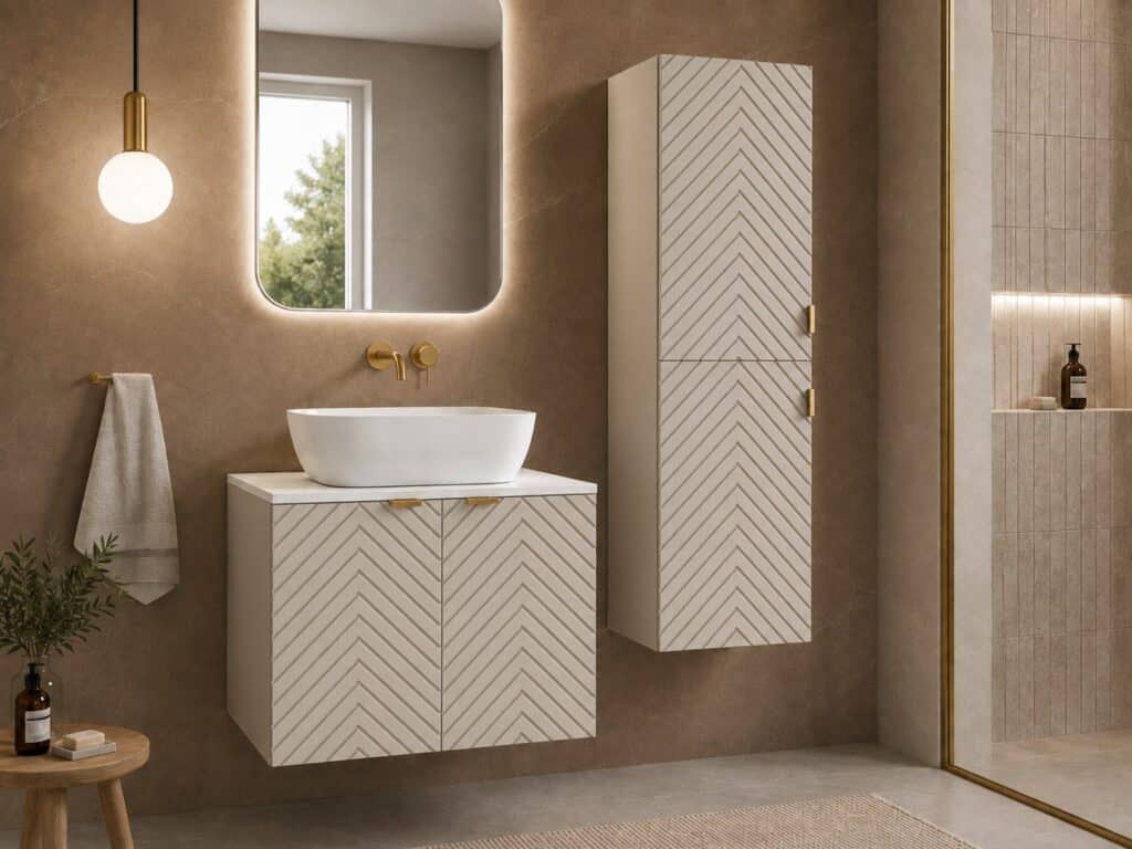 Bathroom Furniture Set Fluted Beige 600mm Vanity Unit with Basin Tall Storage Cabinet White Worktop - Cara