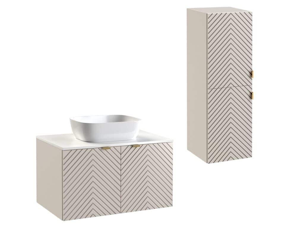 Complete Bathroom Furniture Set Vanity Unit with Countertop Sink Tall Storage Cabinet Fluted Beige Cashmere - Cara