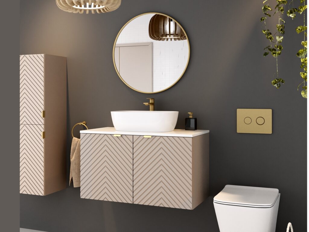 800mm Vanity Unit with Basin Wall Mounted Fluted Beige Bathroom Cabinet White Countertop Gold Handles  - Cara