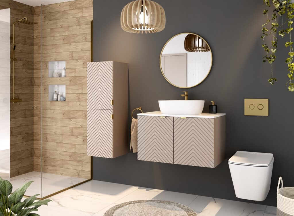 800mm Vanity Unit with Basin Wall Mounted Fluted Beige Bathroom Cabinet White Countertop Gold Handles  - Cara