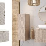 Cara Beige Bathroom cabinets furniture set with brushed gold handles will add a touch of glamour to any bathroom. Wall hung bathroom cabinets including tall bathroom storage unit and 600mm bathroom vanity unit with white countertop. The units have modern Textured Herringbone Ribbed Fluted fronts and slim gold grab handles included as standard.