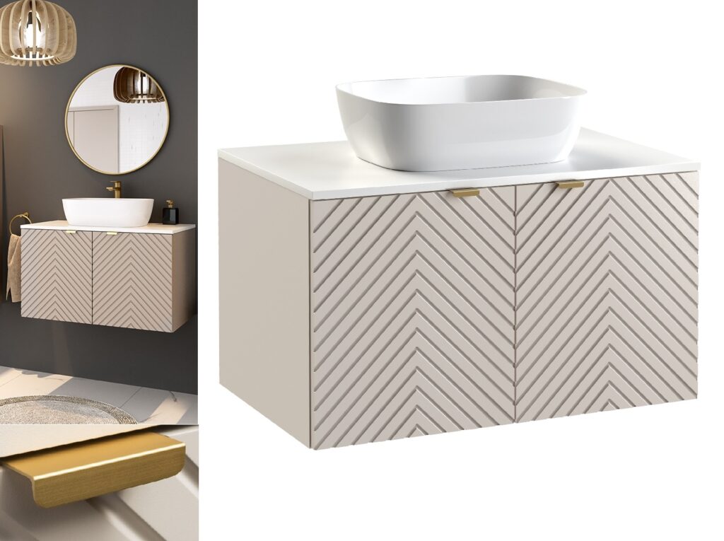 800mm Vanity Unit with Basin Wall Mounted Fluted Beige Bathroom Cabinet White Countertop Gold Handles  - Cara