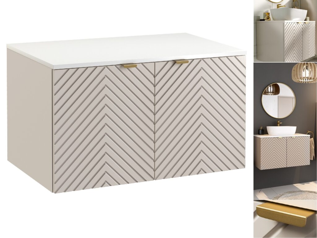 Bathroom Vanity Unit with White Countertop 800mm Herringbone Fluted Cashmere Beige Floating Cabinet - Cara
