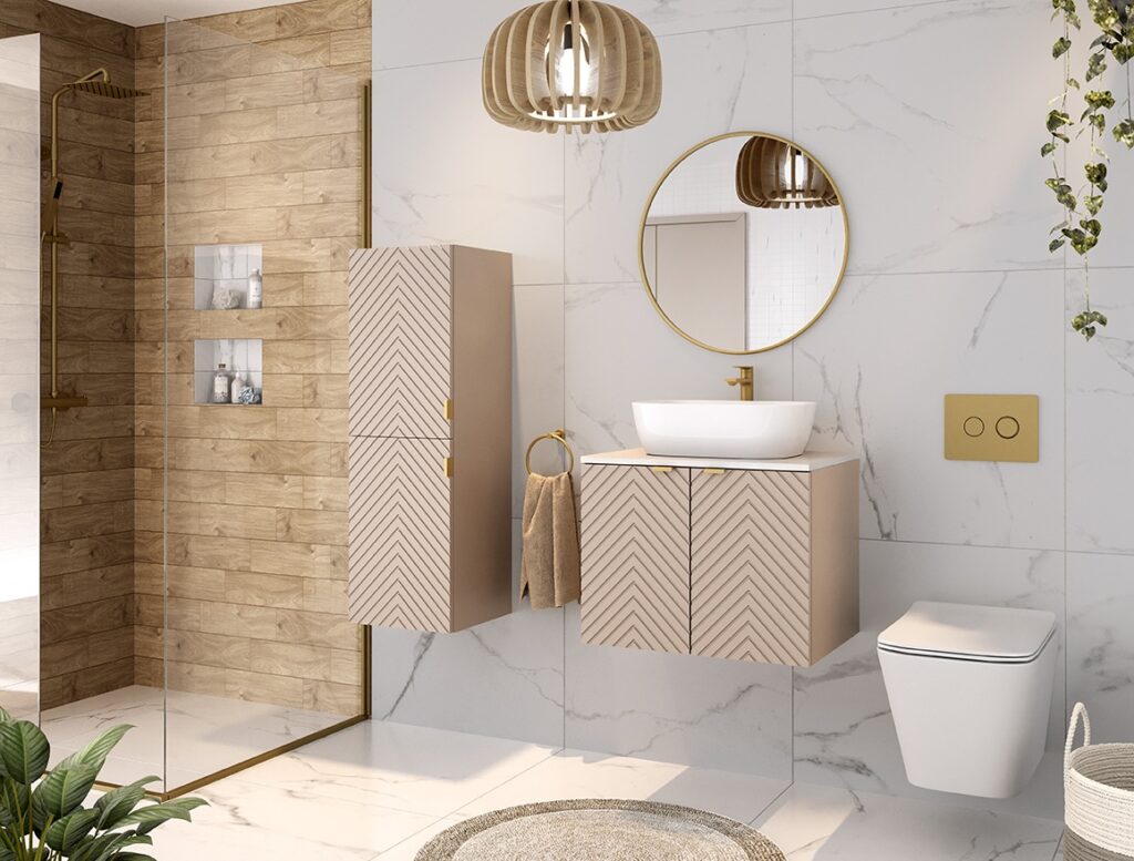 Wall Bathroom Set 600mm Vanity Cabinet and Sink Tall Storage Unit Ribbed Fluted Cashmere Beige White Worktop - Cara