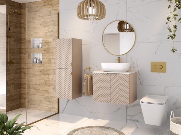 Wall Bathroom Set 600mm Vanity Cabinet and Tall Storage Tallboy Ribbed Fluted Cashmere Beige White Worktop - Cara