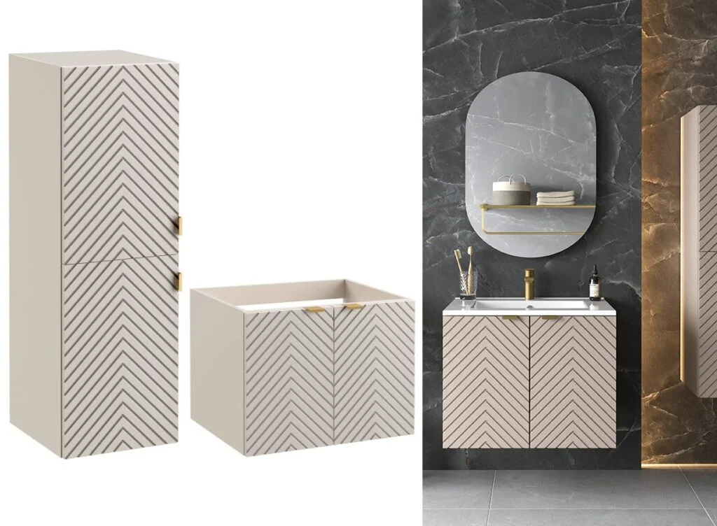 Bathroom Cabinets Set Wall Hung 600mm Vanity Unit and Tall Storage Tallboy Ribbed Fluted Cashmere Beige - Cara