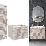 Bathroom Cabinets Set Wall Hung 600mm Vanity Unit and Tall Storage Tallboy Ribbed Fluted Cashmere Beige - Cara