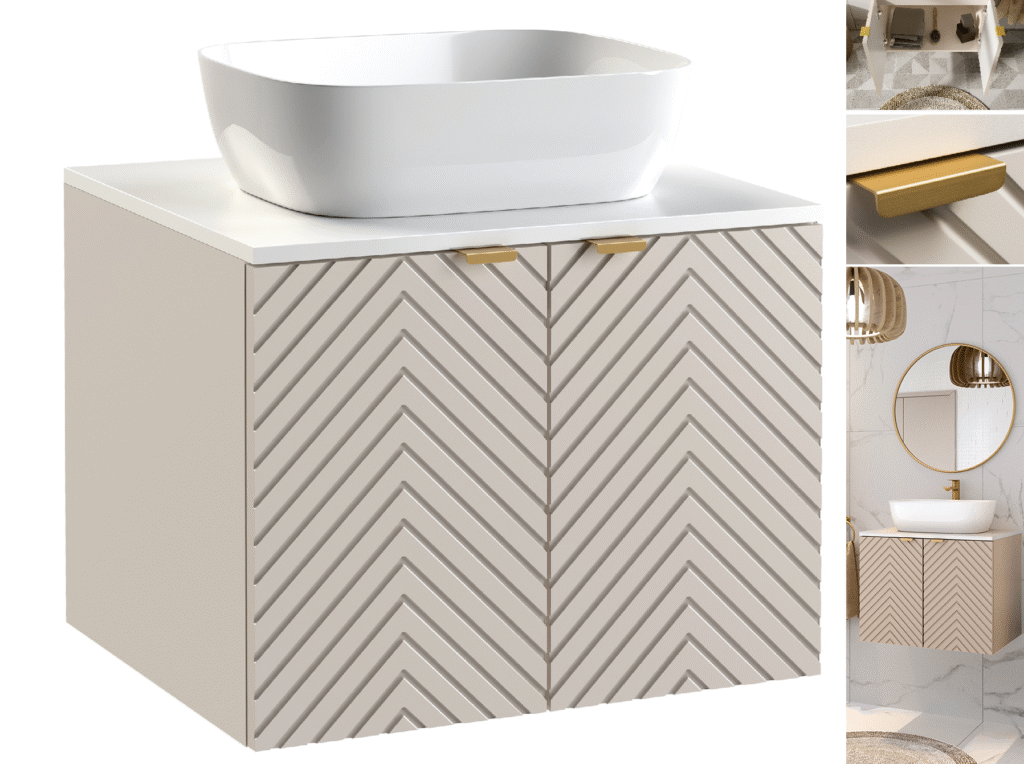 Bathroom Vanity Unit with White Countertop 600mm Floating Herringbone Fluted Cashmere Beige and Sit on Sink - Cara