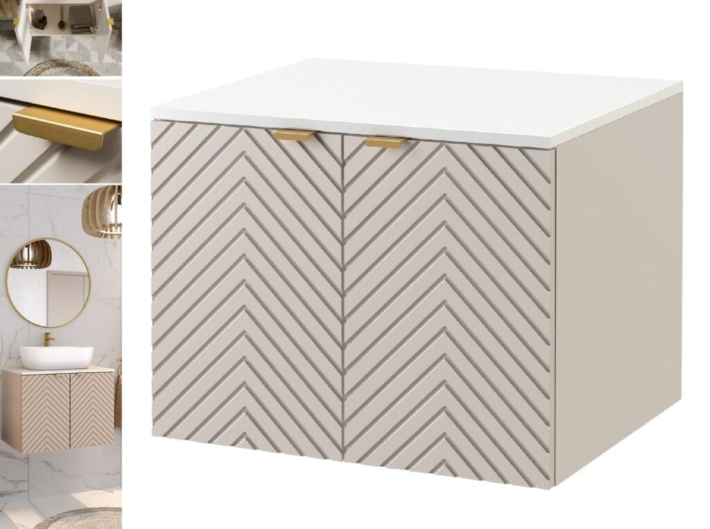 Bathroom Vanity Unit with White Countertop 600mm Herringbone Fluted Cashmere Beige Floating Cabinet - Cara