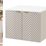 Bathroom Vanity Unit with White Countertop 600mm Herringbone Fluted Cashmere Beige Floating Cabinet – Cara