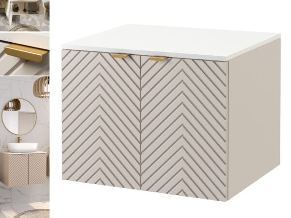 Bathroom Vanity Unit with White Countertop 600mm Herringbone Fluted Cashmere Beige Floating Cabinet – Cara