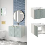 Wall Vanity Cabinet 600mm Floating Two Door Bathroom Unit Ribbed Fluted Soft Green with Inset Ceramic Sink - Cara