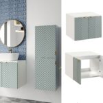 Bathroom Vanity Cabinet 600mm Unit Wall Mounted Floating Ribbed Fluted Doors Soft Green with White Worktop - Cara