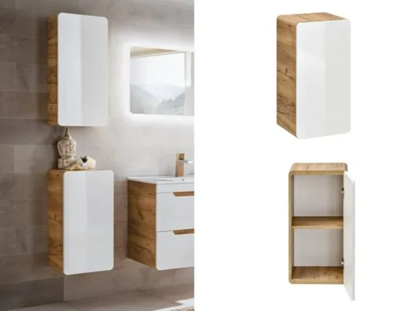 Small Bathroom Wall Cabinet Slim Narrow Storage Unit Compact Cupboard White Gloss and Oak Aruba 810 / 830