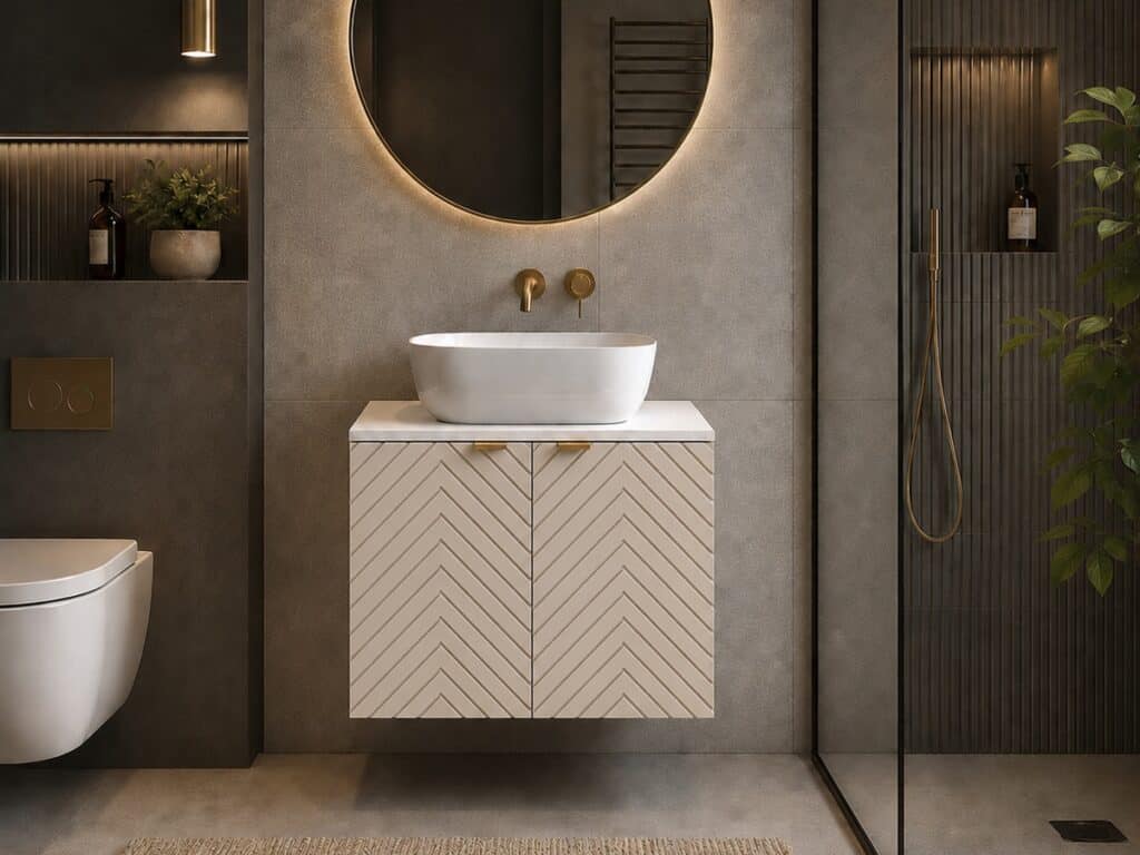 600mm Vanity Unit with Basin Wall Hung Fluted Beige Bathroom Cabinet White Worktop Gold Handles  - Cara