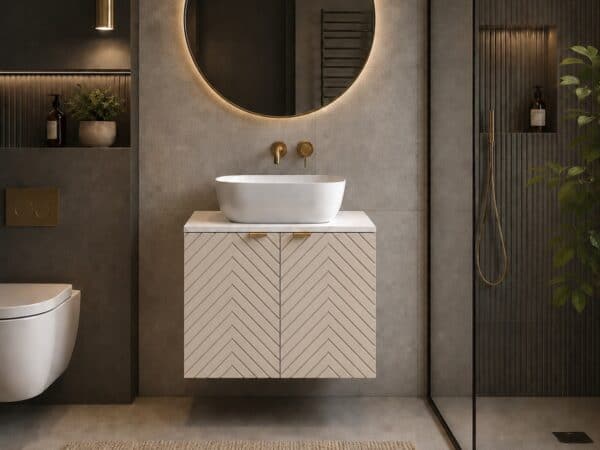 600mm bathroom vanity unit with basin countertop wall hung cabinet fluted ribbed beige cashmere doors modern affordable bathroom furniture
