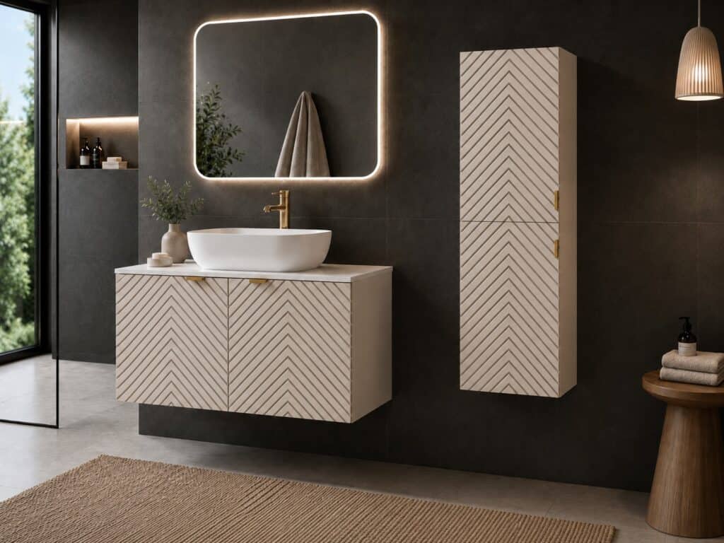 Complete Bathroom Furniture Set Vanity Unit with Countertop Sink Tall Storage Cabinet Fluted Beige Cashmere - Cara