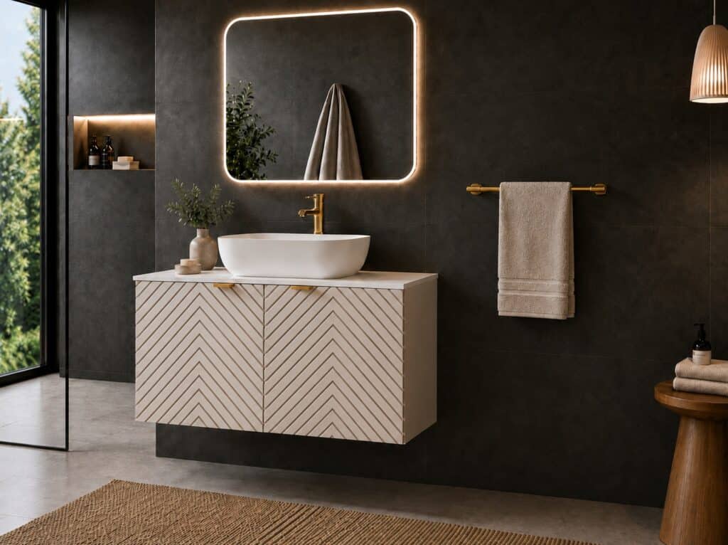 800mm Vanity Unit with Basin Wall Hung Fluted Beige Bathroom Cabinet White Countertop Gold Handles  - Cara