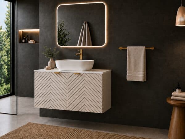 bathroom vanity unit with basin wall hung countertop cabinet beige fluted ribbed modern cabinet worktop sink set