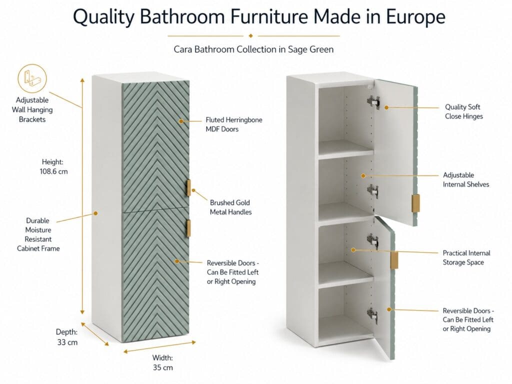 Wall Bathroom Cabinet Tall Storage Shelving Unit Ribbed Fluted Soft Green Brushed Gold Handles - Cara