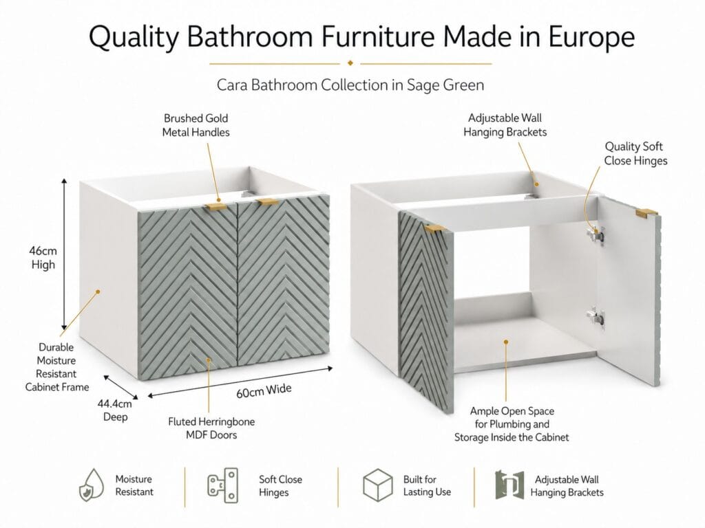 Bathroom Vanity Unit 600mm Cabinet Wall Hung Floating Ribbed Fluted Doors Soft Green - Cara