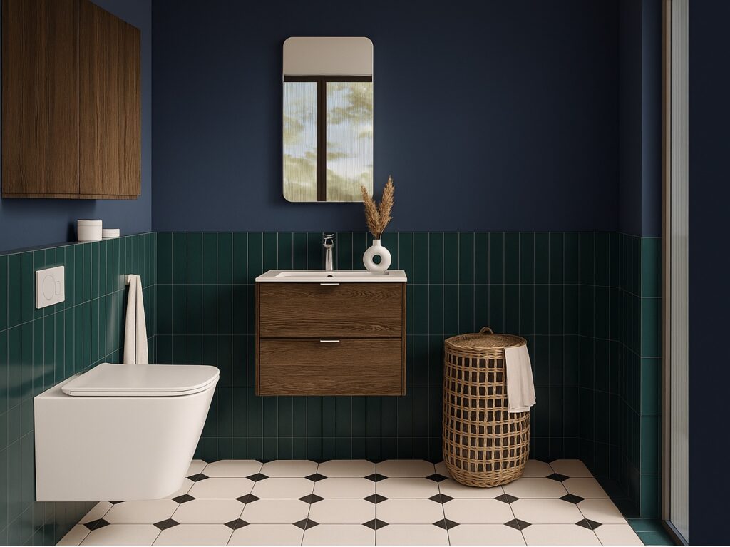 Bathroom Vanity Unit 600mm Sink Cabinet Wall Hung Mid Century Modern Drawers Walnut Effect Black - Talia