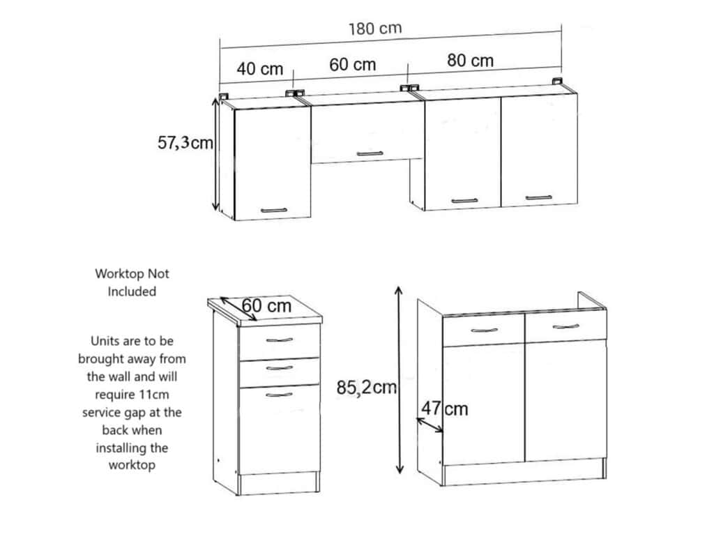 Kitchen Cabinets Fitted Modern Freestanding Cupboards 5 Unit 180cm Set Chalk White Gloss Kitchenette - Junona