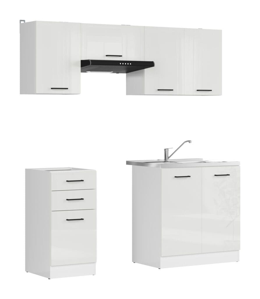 Kitchen Cabinets Fitted Modern Freestanding Cupboards 5 Unit 180cm Set Chalk White Gloss Kitchenette - Junona