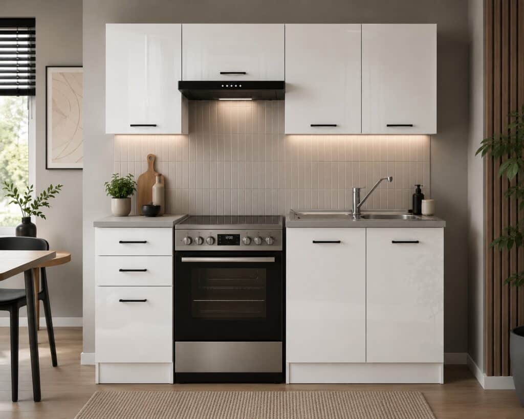 Kitchen Cabinets Fitted Modern Freestanding Cupboards 5 Unit 180cm Set Chalk White Gloss Kitchenette - Junona