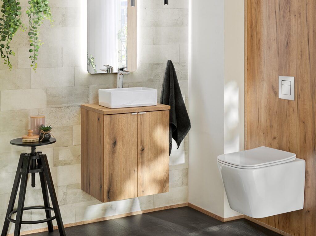 Bathroom Vanity Unit 600mm Countertop Wall Cabinet Floating 2 Doors Oak Effect - Nova