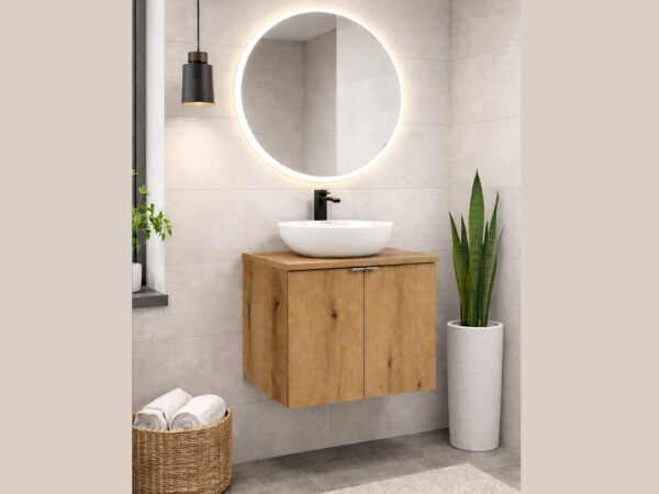 oak bathroom vanity unit with sink and worktop wall hung 600mm countertop cabinet slim narrow budget storage
